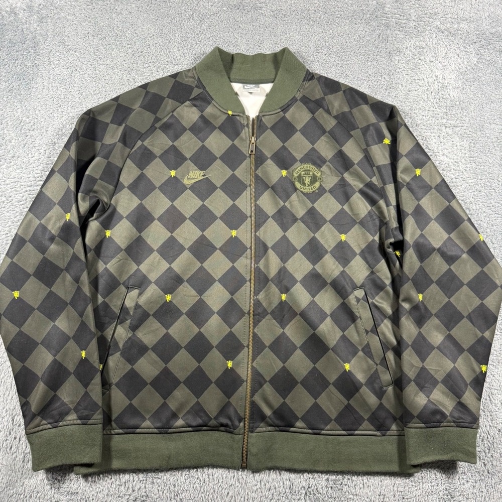 Nike Track Jacket Mens XL Green Manchester United Checkered Bomber Zip Up AOP